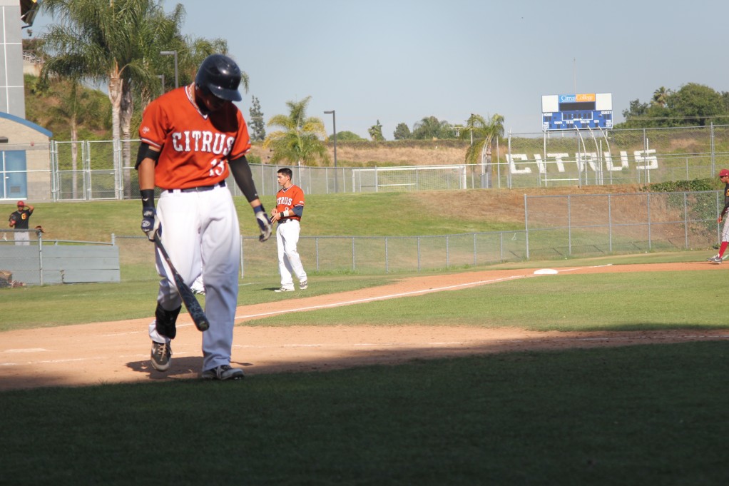 Jayson De La Pena walks to his bench after striking out to end the bottom of the 8th inning against the Glendale Vaqueros on April 26. Citrus would lose the game 7-3.