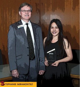 Stephanie Miramontez poses with vice president of student services Arvid Spor after receiving the co-Woman of the Year award. (Citrus College External Relations)