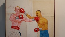 “Mickey Ward vs Arturo Gotti” is a mixed media piece done by Harrison Freeman.  According to Duffy, Freeman had just finished watching the film “The Fighter” and was inspired to paint this. (Evan Solano/Citrus College Clarion)
