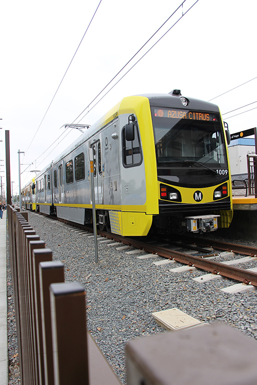 The first train from the Durate/Citry of Hope station that would head east to the APU/Citrus College station awaits passengers at the Gold Line opening on March 5. Photo: Darius Johari (Logos)