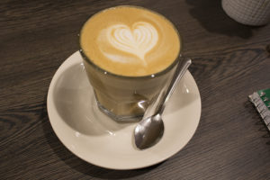 A soy latte photographed on Nov. 28 at Bunch Coffee. The coffee shop focuses on making each cup of coffee consistent in craftsmanship. Photo by Sahara Barba.